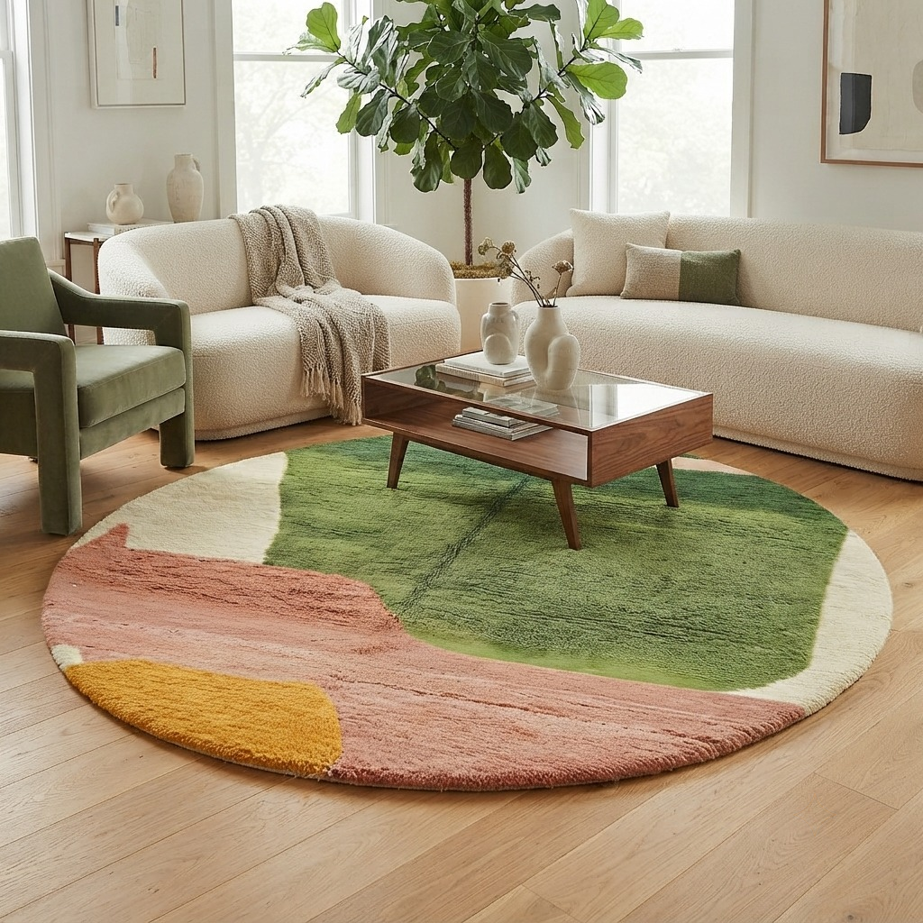 Round abstract Moroccan wool rug with green, peach, yellow, and beige color blocks