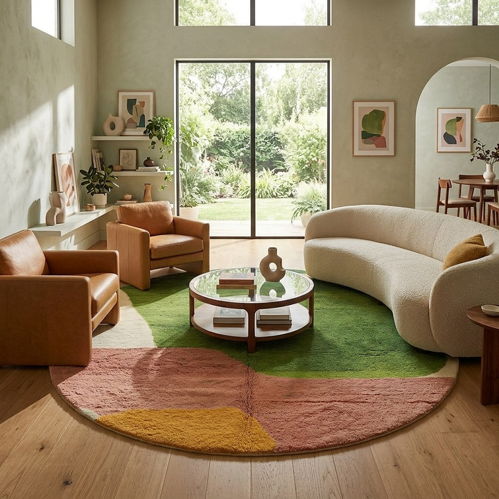 Round abstract Moroccan wool rug with green, peach, yellow, and beige color blocks