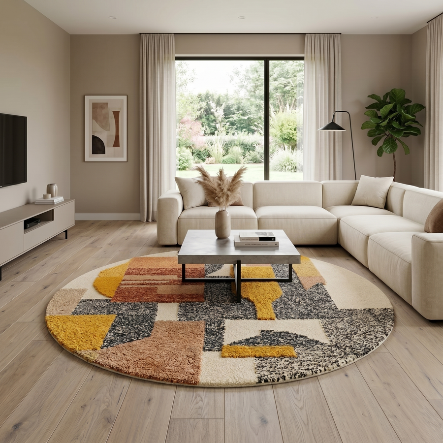Round abstract Moroccan wool rug with geometric blocks in mustard, terracotta, ivory and charcoal on white background