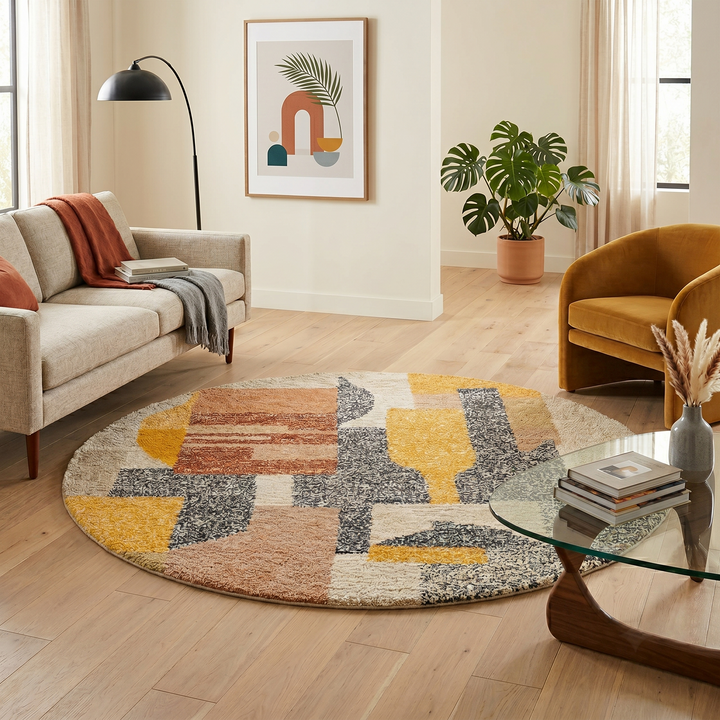 Round abstract Moroccan wool rug with geometric blocks in mustard, terracotta, ivory and charcoal on white background