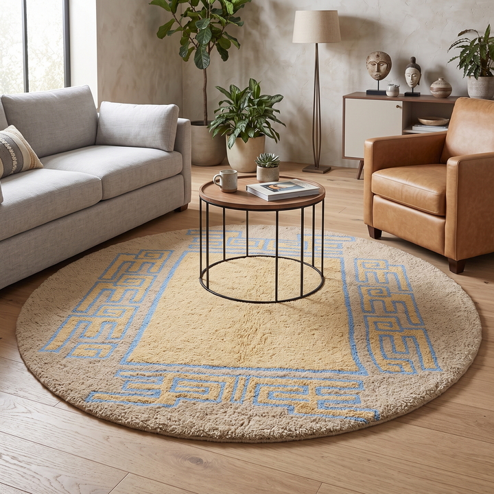 Round Moroccan wool rug with blue geometric border on beige background handmade by artisans