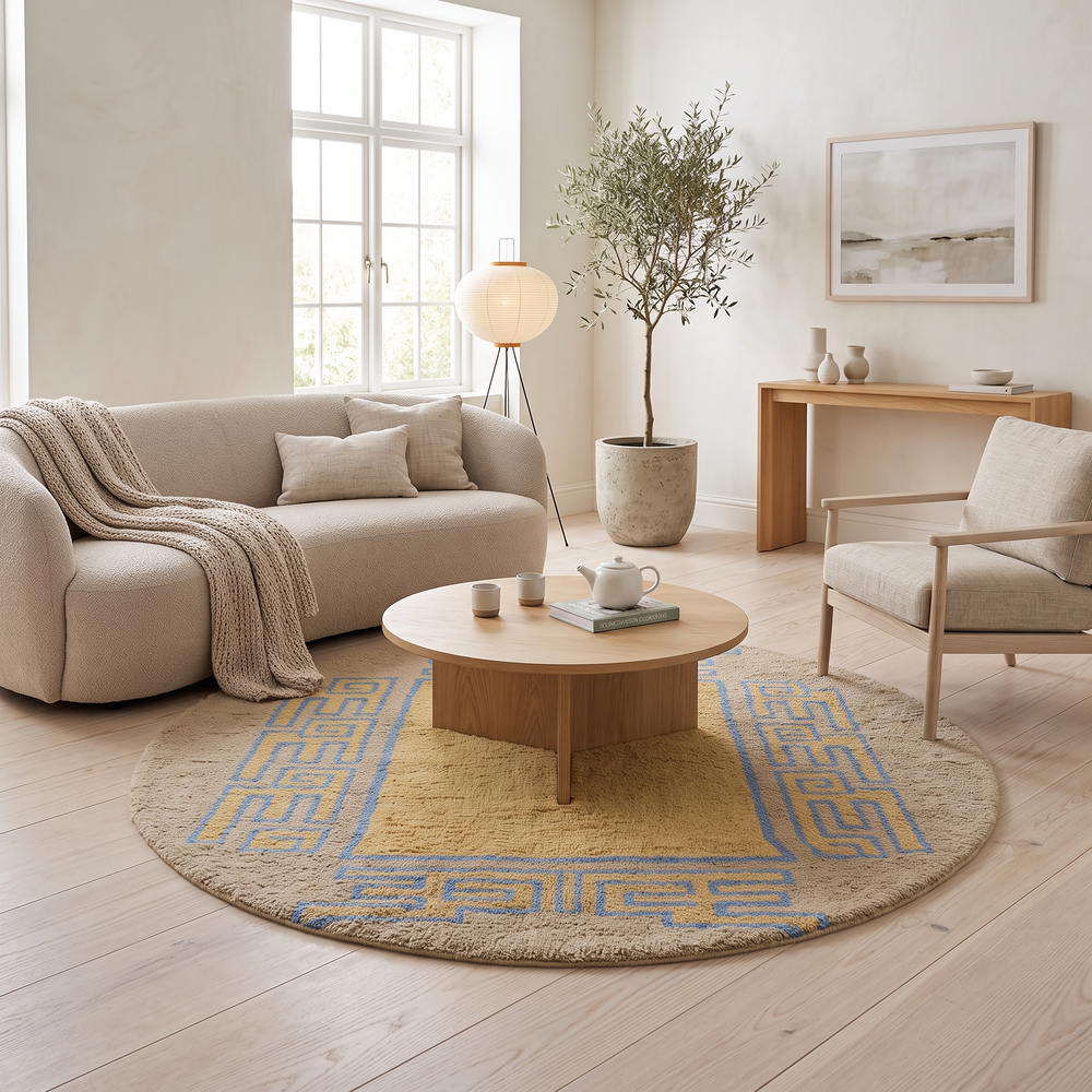 Round Moroccan wool rug with blue geometric border on beige background handmade by artisans