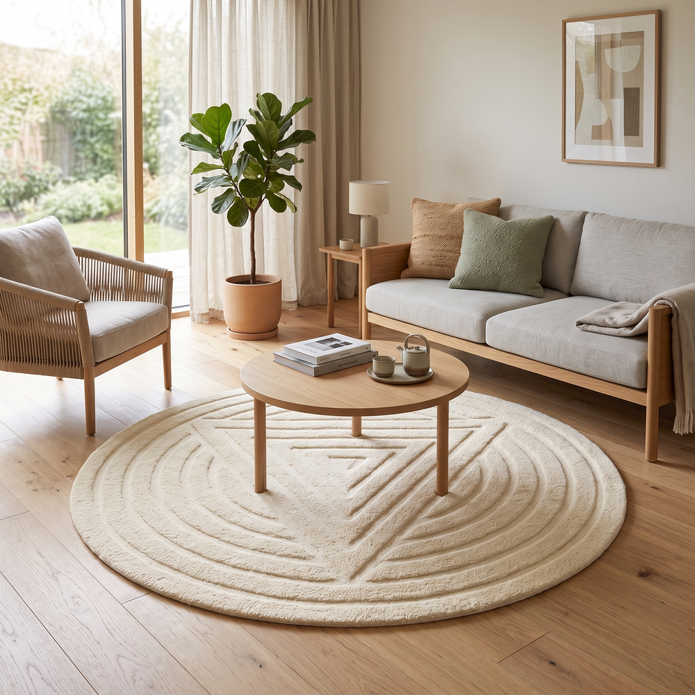 Beige textured rug with tassels on a black floor against a light gray brick wall.