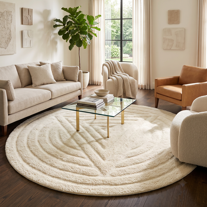 Beige textured rug with tassels on a black floor against a light gray brick wall.