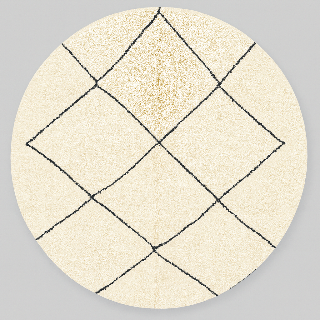 Round Beni Ourain Moroccan rug with white wool base and black diamond pattern, handmade wool carpet