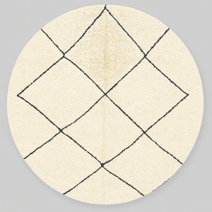 Round Beni Ourain Moroccan rug with white wool base and black diamond pattern, handmade wool carpet