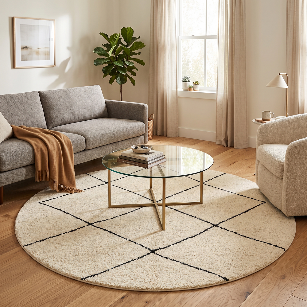 Round Beni Ourain Moroccan rug with white wool base and black diamond pattern, handmade wool carpet