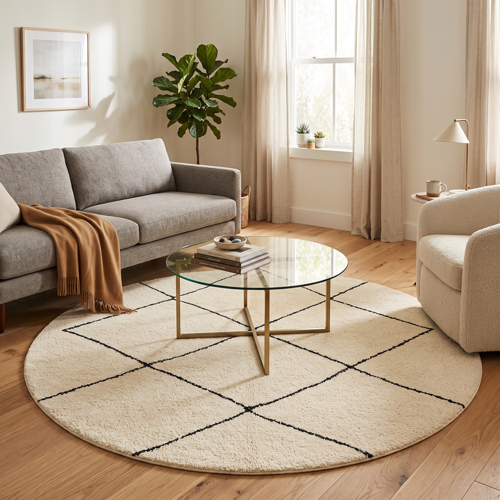 Round Beni Ourain Moroccan rug with white wool base and black diamond pattern, handmade wool carpet