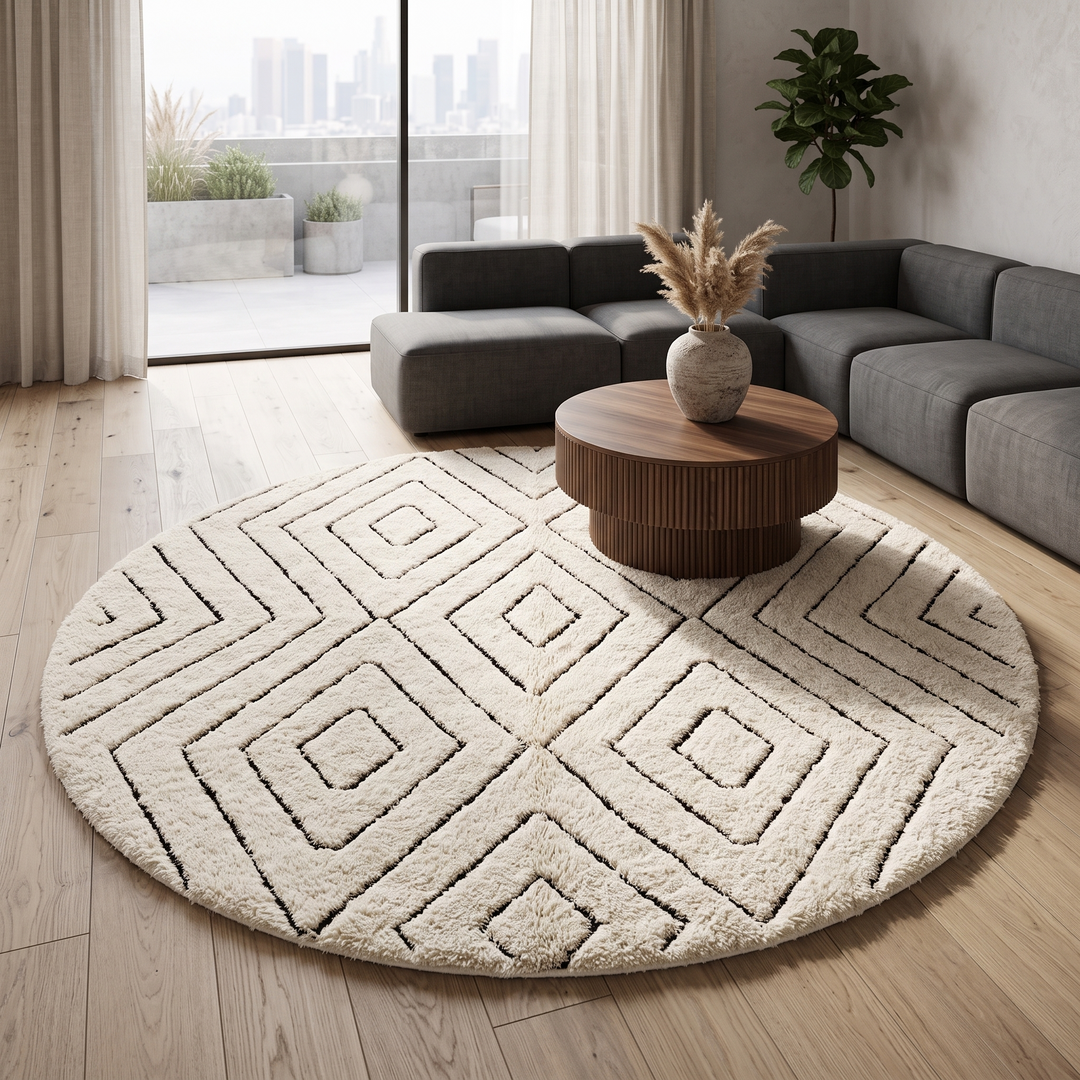 Round Beni Ourain Moroccan rug with white wool base and hand-drawn diamond pattern, handmade wool carpet