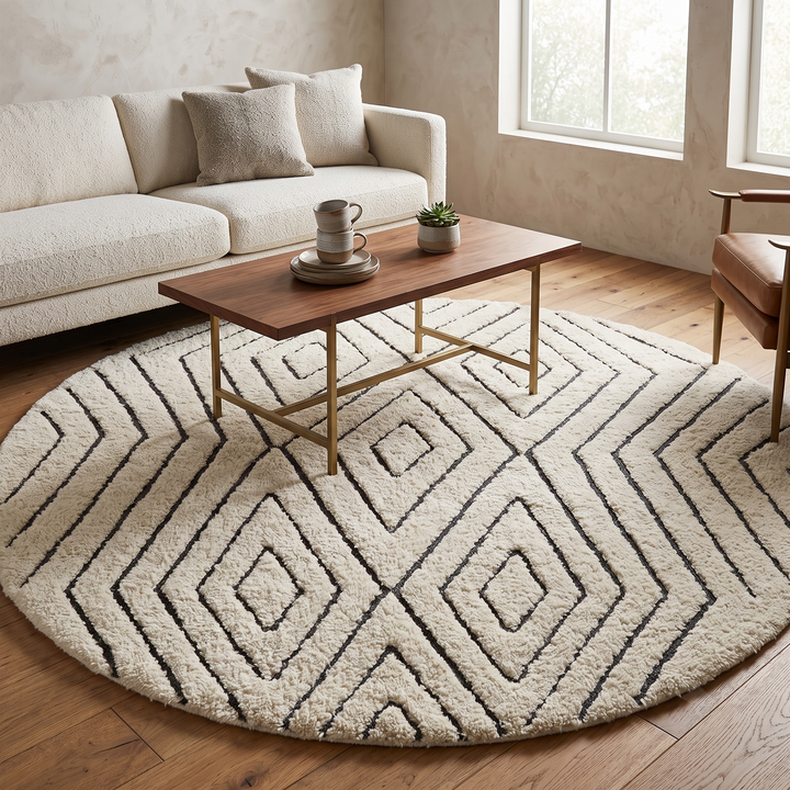 Round Beni Ourain Moroccan rug with white wool base and hand-drawn diamond pattern, handmade wool carpet