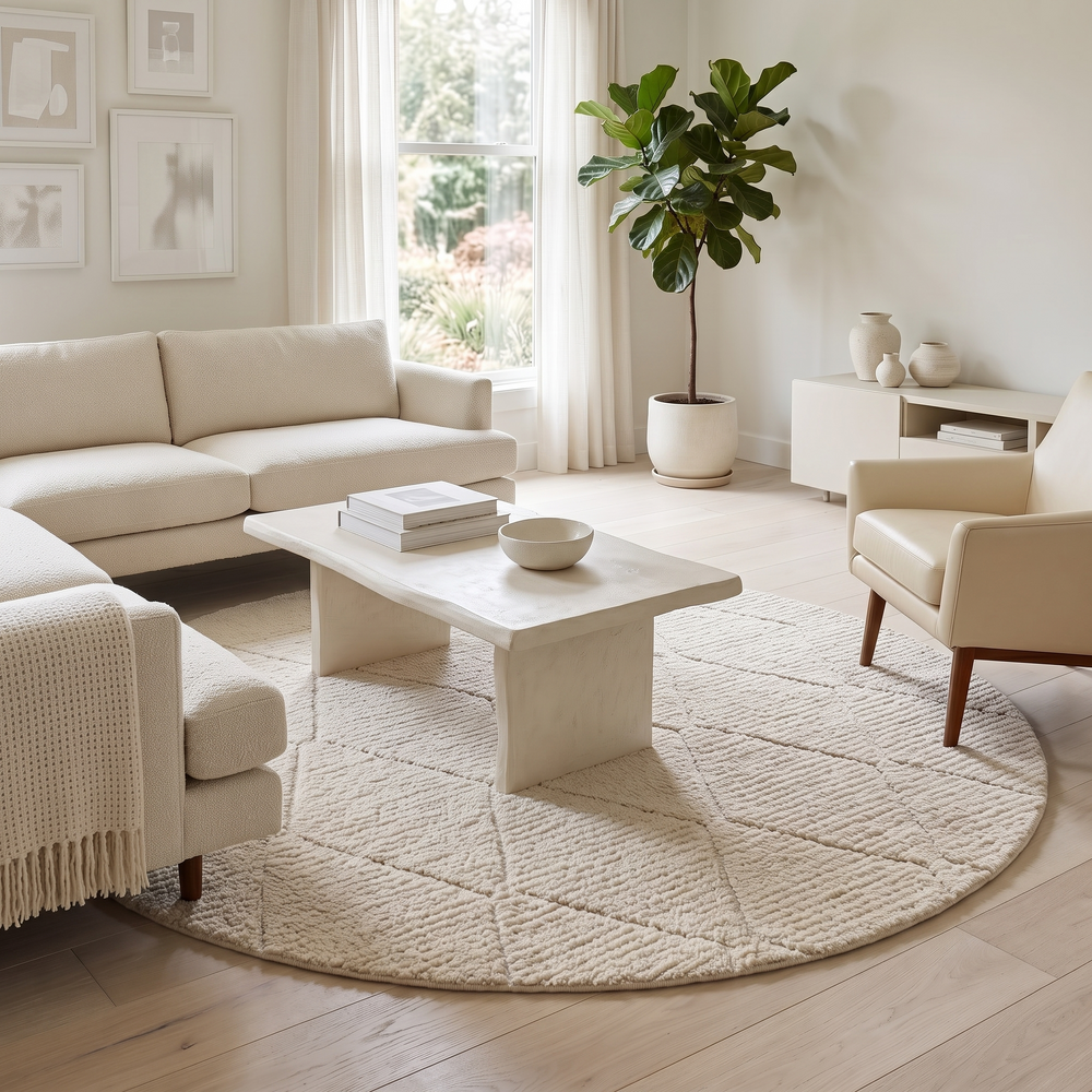 Round Moroccan wool rug with subtle carved diamond pattern, handmade by Berber artisans