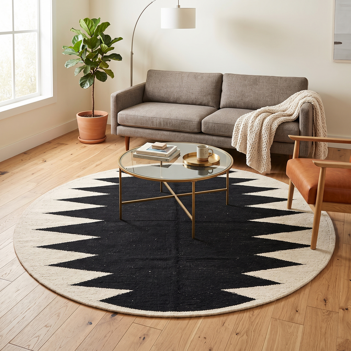 Handmade round Moroccan flatweave kilim rug with black and white zigzag geometric pattern, woven from natural wool.