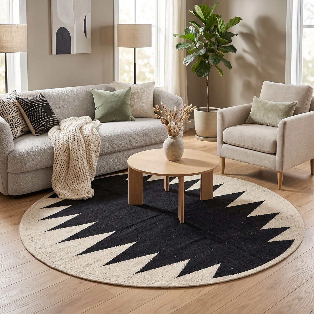 Handmade round Moroccan flatweave kilim rug with black and white zigzag geometric pattern, woven from natural wool.