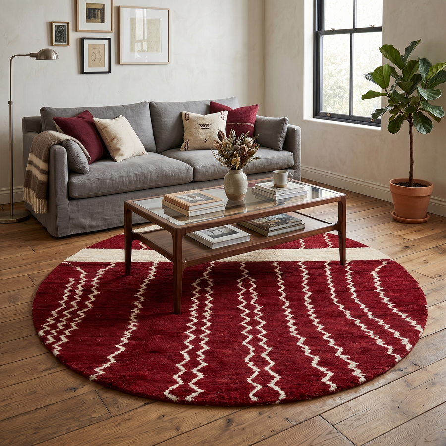Handmade round Moroccan wool rug in rich burgundy red with ivory Berber geometric patterns, artisan-crafted Amazigh round area rug.