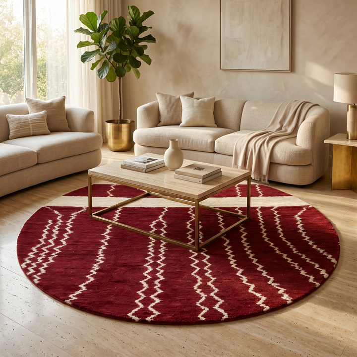 Handmade round Moroccan wool rug in rich burgundy red with ivory Berber geometric patterns, artisan-crafted Amazigh round area rug.