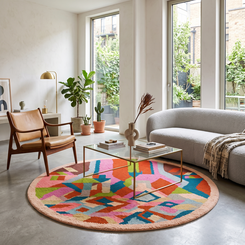 Round colorful Moroccan wool rug with abstract Berber pattern handmade by artisans