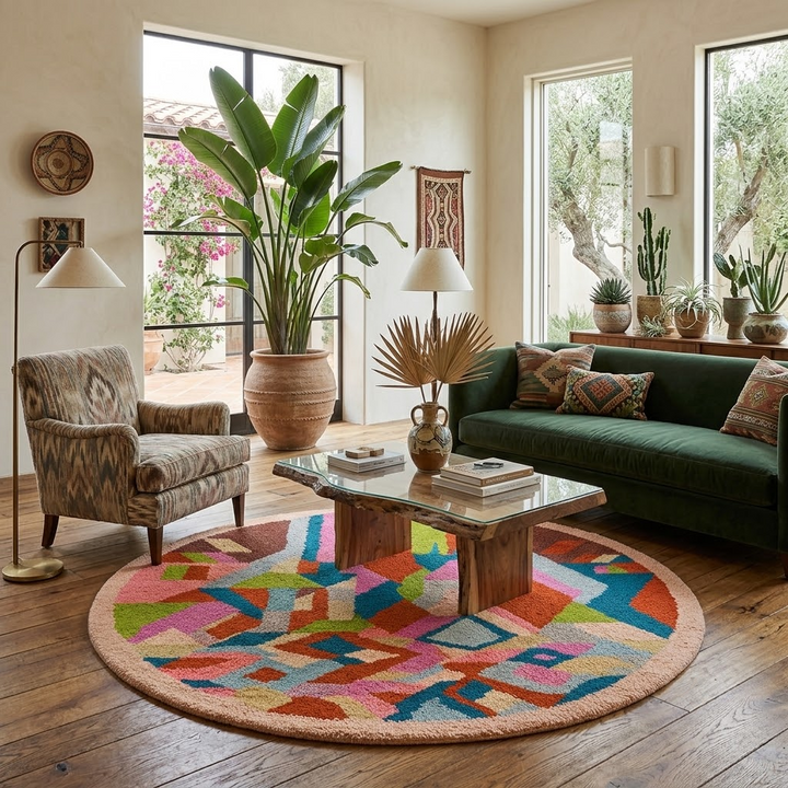 Round colorful Moroccan wool rug with abstract Berber pattern handmade by artisans