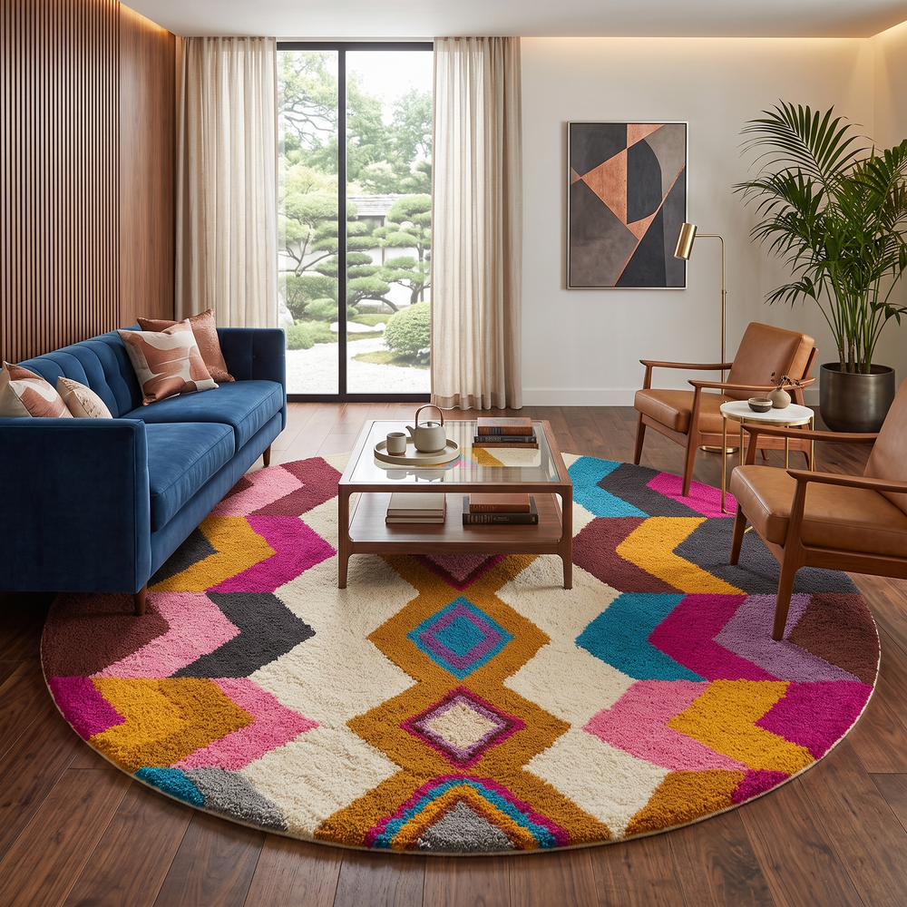 Round Moroccan wool rug with colorful diamond and chevron design handmade by artisans