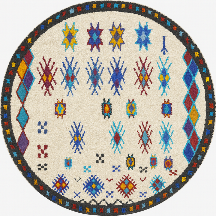 Round white Moroccan wool rug with colorful Berber tribal symbols and black border