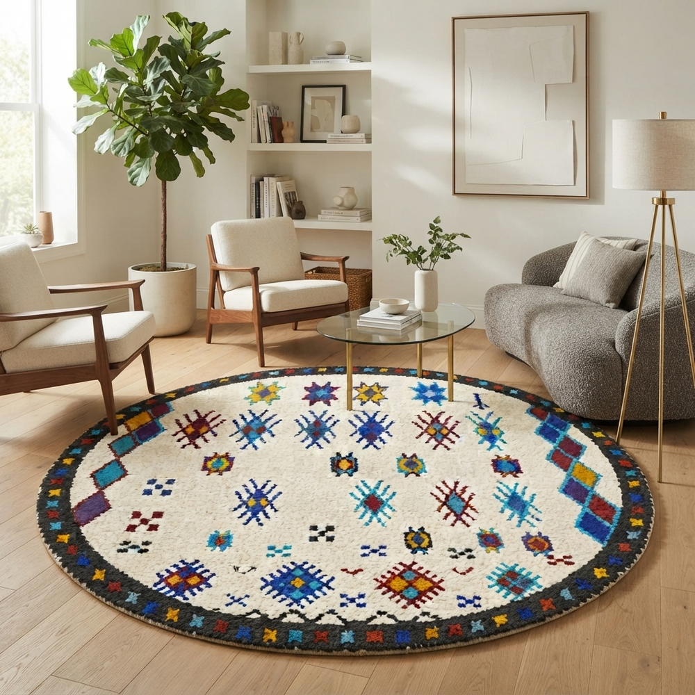 Round white Moroccan wool rug with colorful Berber tribal symbols and black border