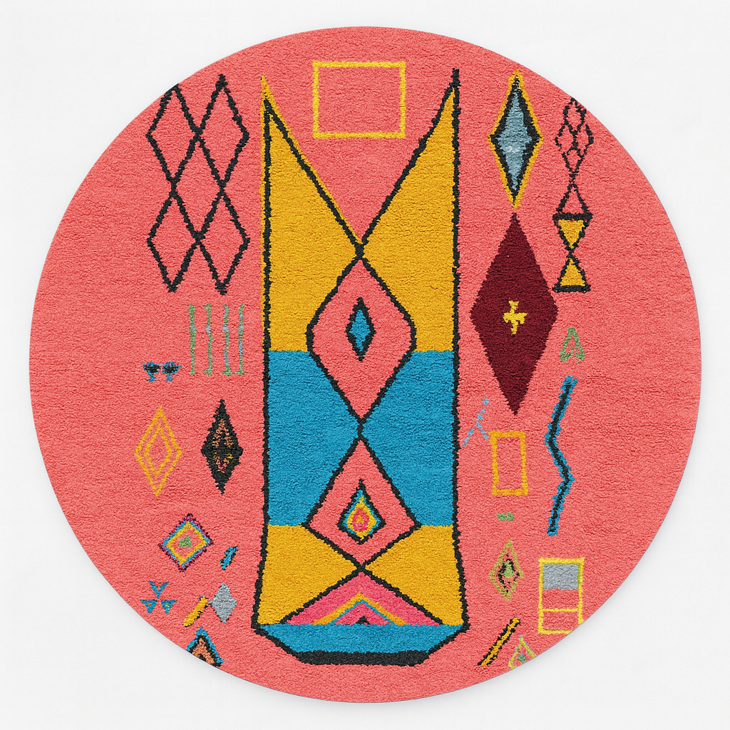 Round pink Moroccan rug with colorful geometric Berber motifs