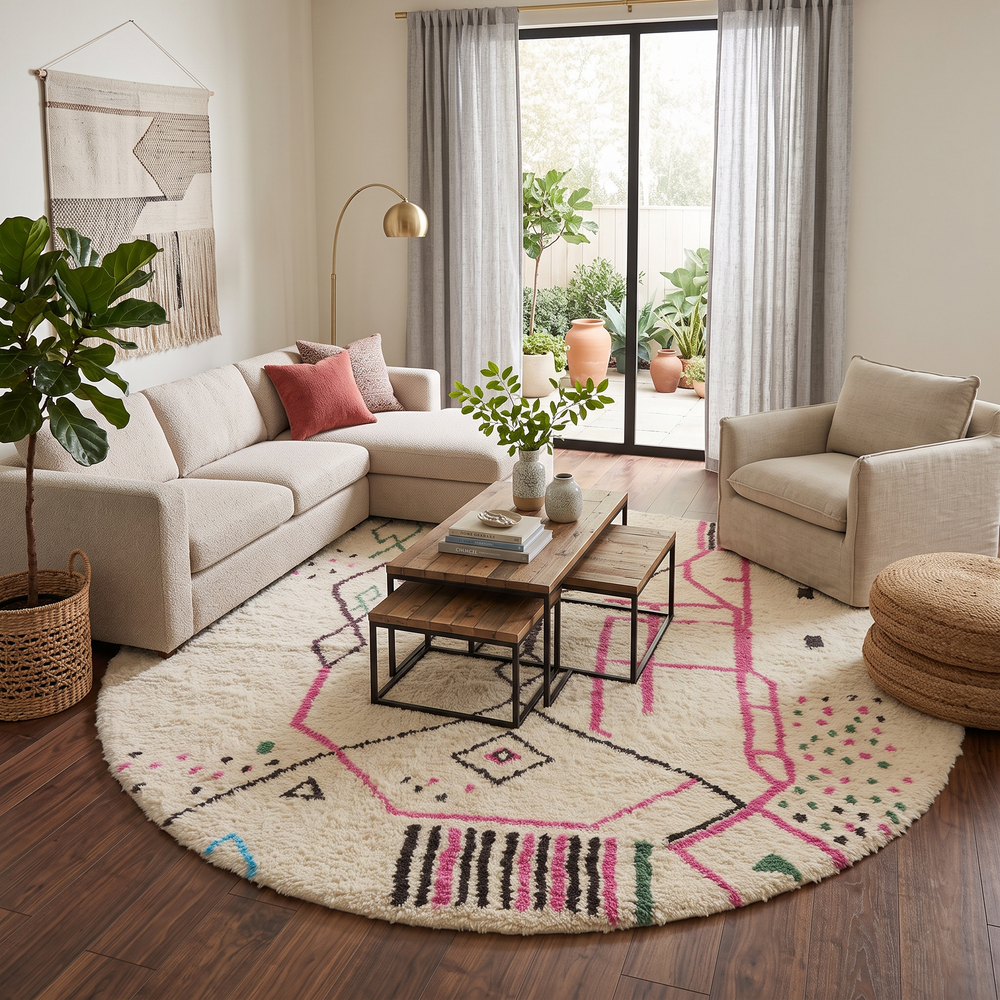 Round Moroccan wool rug with multicolor Berber geometric design handmade by artisans