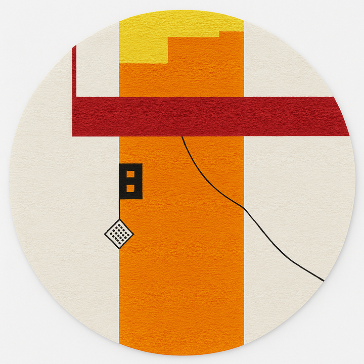 Round modern Moroccan rug with abstract orange, red, yellow, and white geometric design