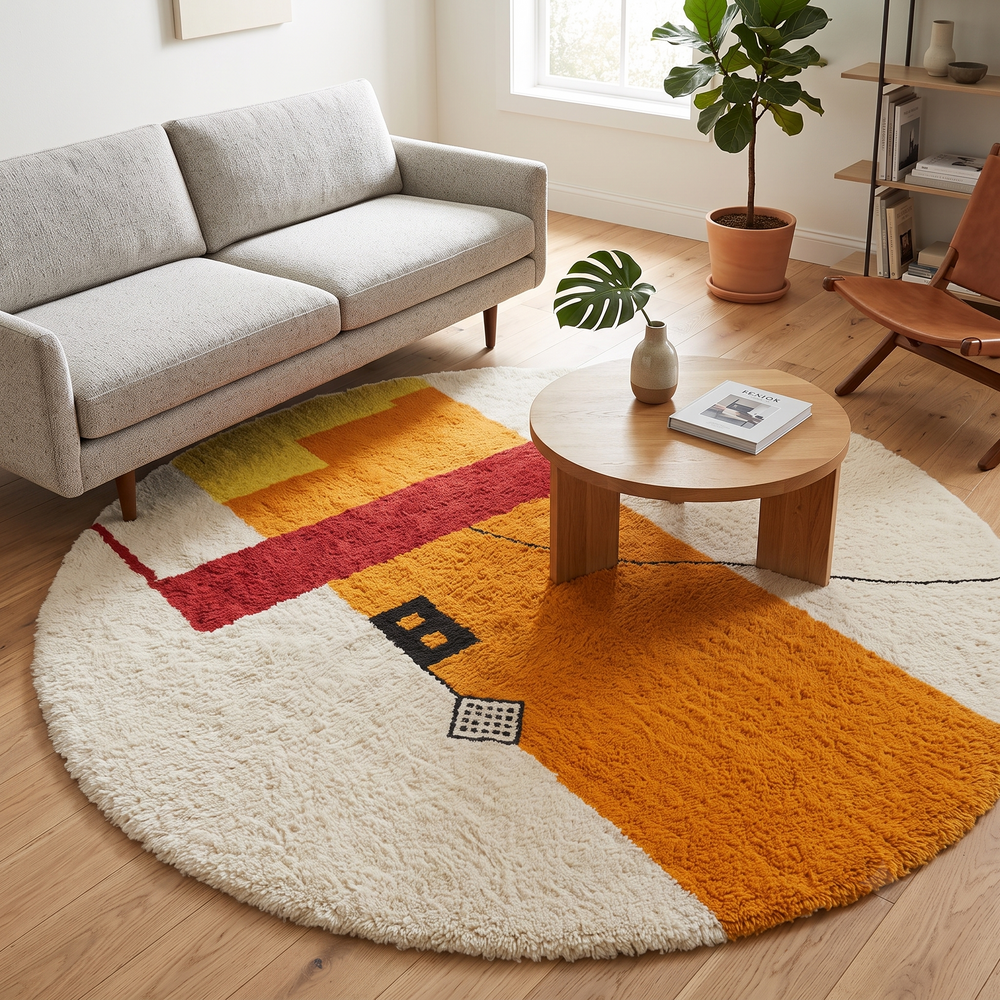 Round modern Moroccan rug with abstract orange, red, yellow, and white geometric design