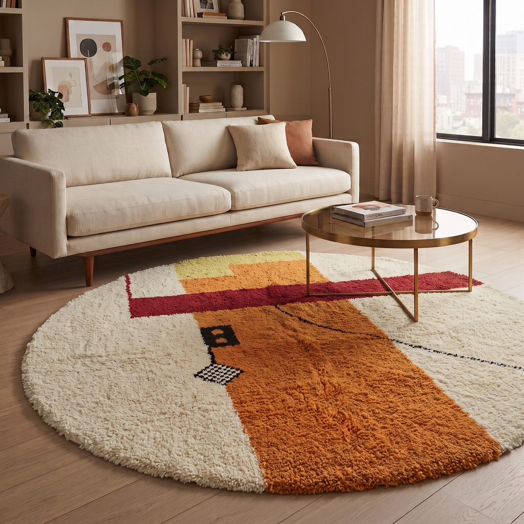 Round modern Moroccan rug with abstract orange, red, yellow, and white geometric design