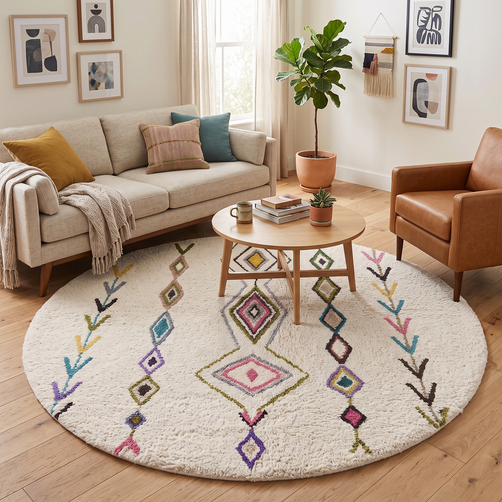 Round Moroccan Berber rug with white wool base and colorful tribal diamond motifs, handmade wool carpet