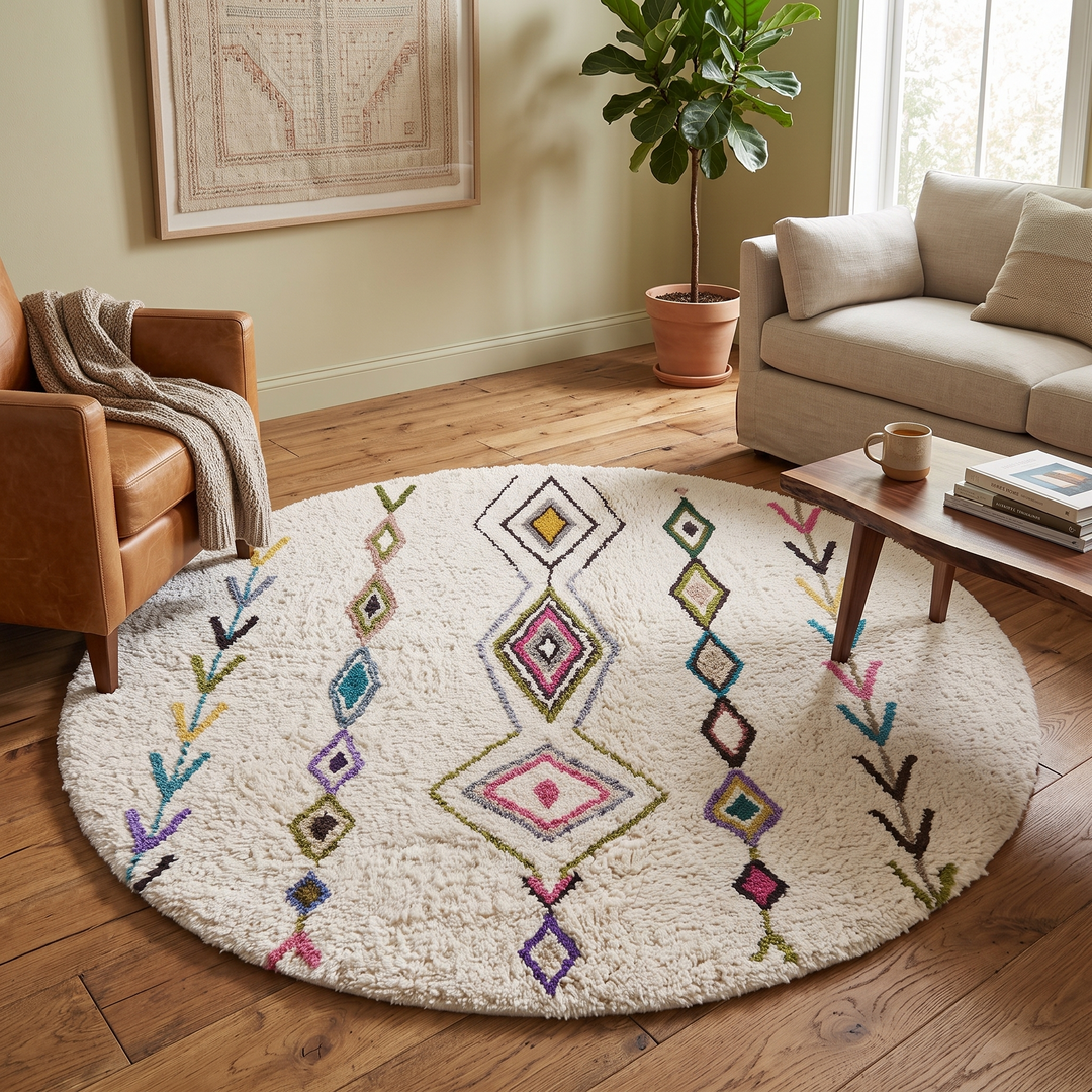 Round Moroccan Berber rug with white wool base and colorful tribal diamond motifs, handmade wool carpet