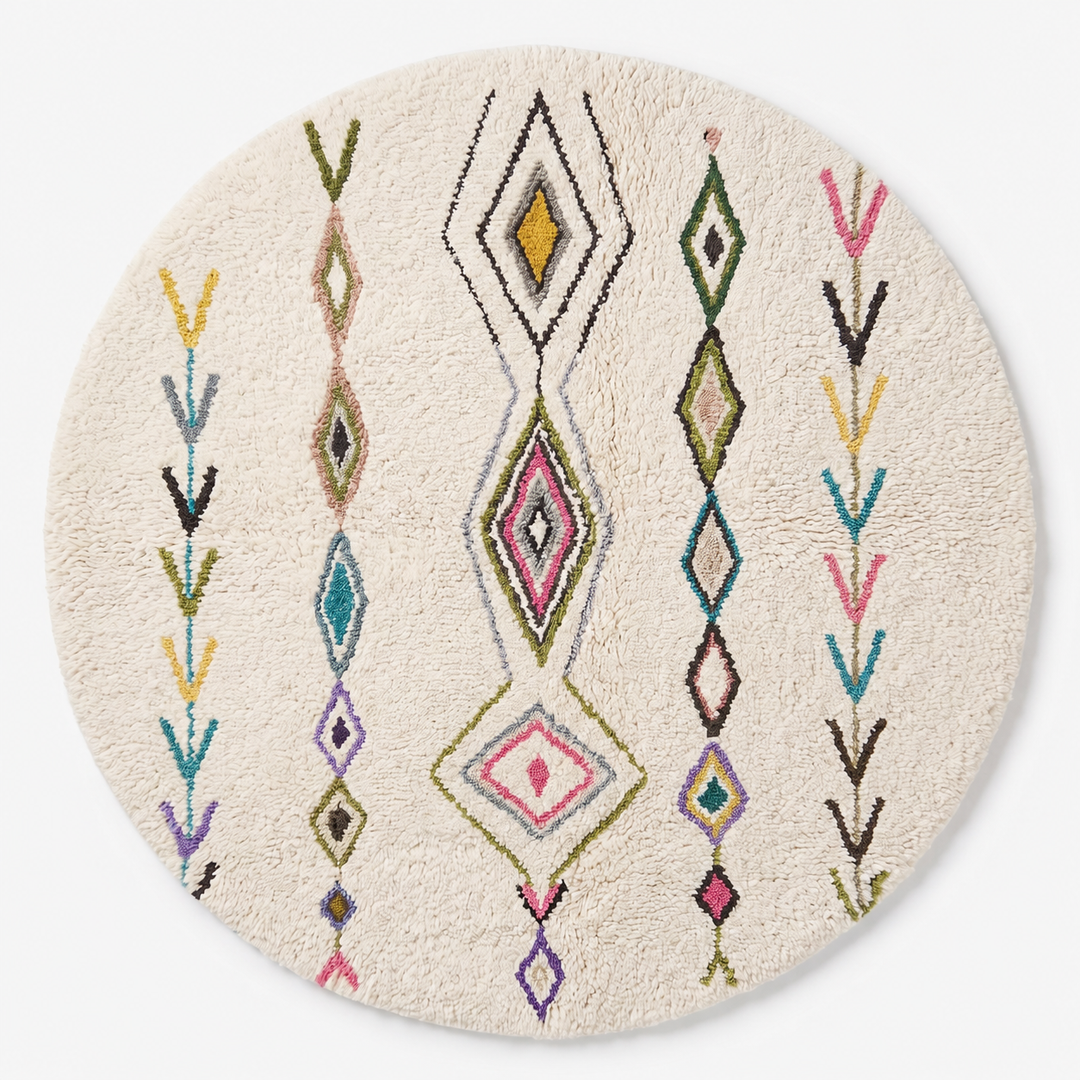 Round Moroccan Berber rug with white wool base and colorful tribal diamond motifs, handmade wool carpet