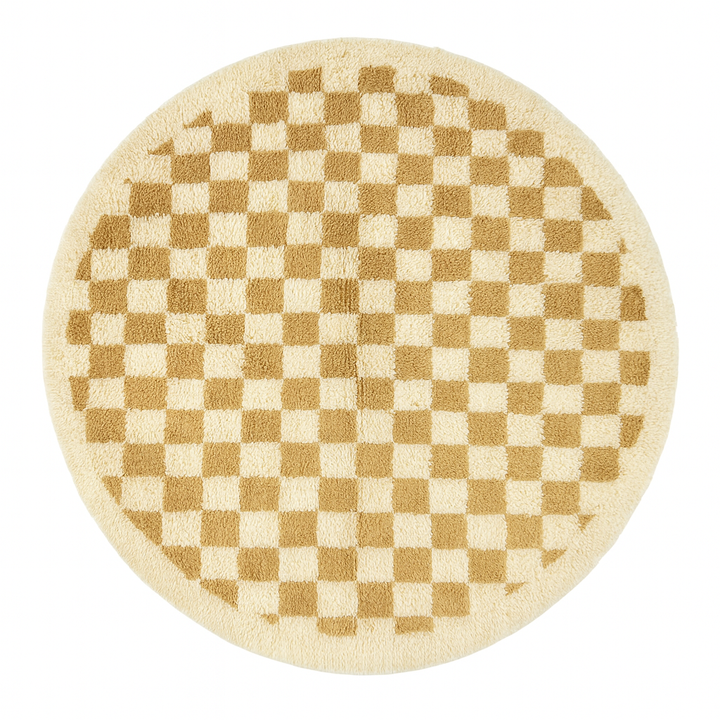 Round Moroccan Checkered Rug – Beige & White Wool Design