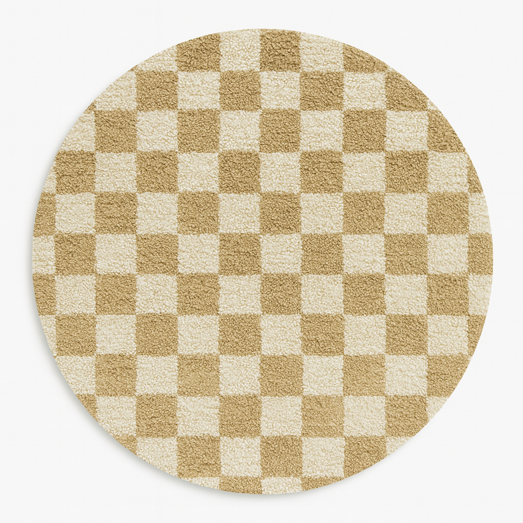 Round beige and white checkered Moroccan rug