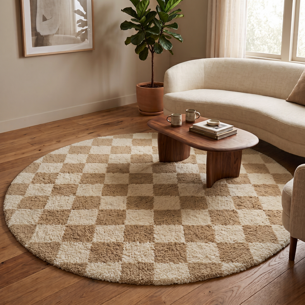 Round beige and white checkered Moroccan rug