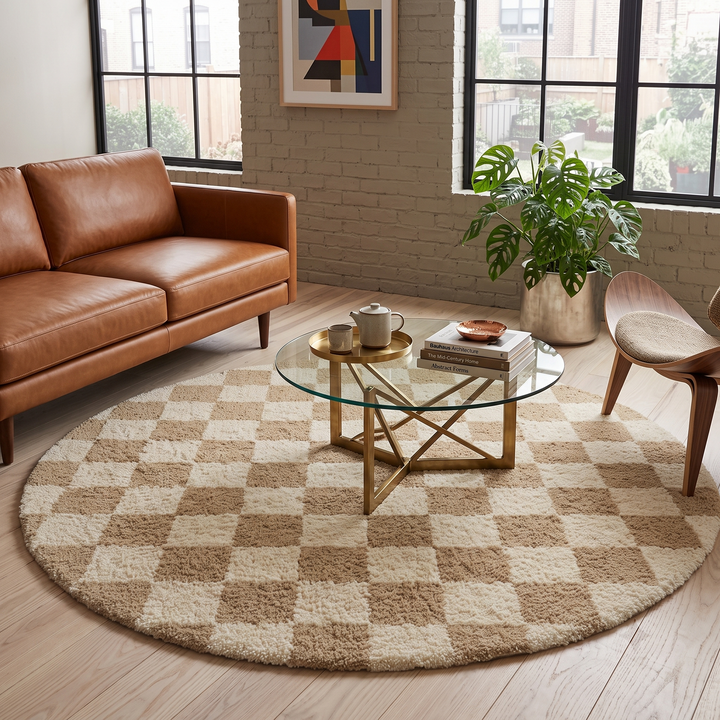 Round beige and white checkered Moroccan rug