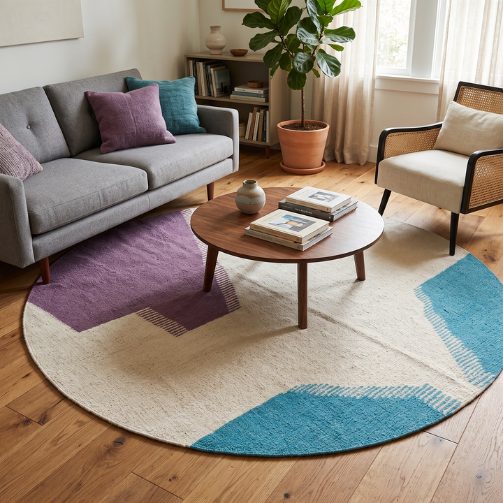 Handmade round Moroccan flatweave kilim rug with an white base and soft abstract shapes in muted purple and turquoise blue, woven from natural wool.