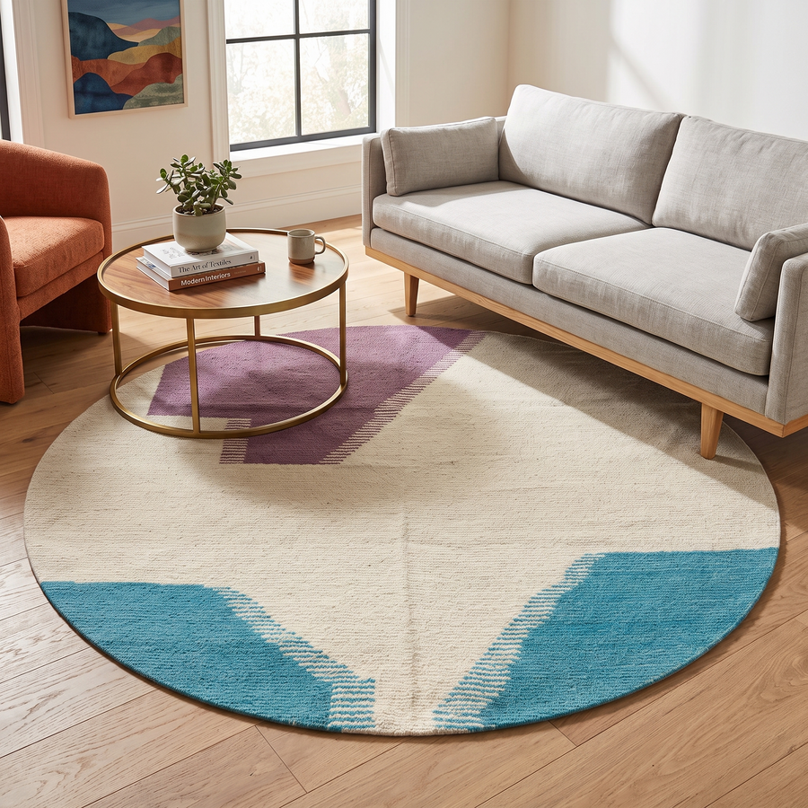 Handmade round Moroccan flatweave kilim rug with an white base and soft abstract shapes in muted purple and turquoise blue, woven from natural wool.