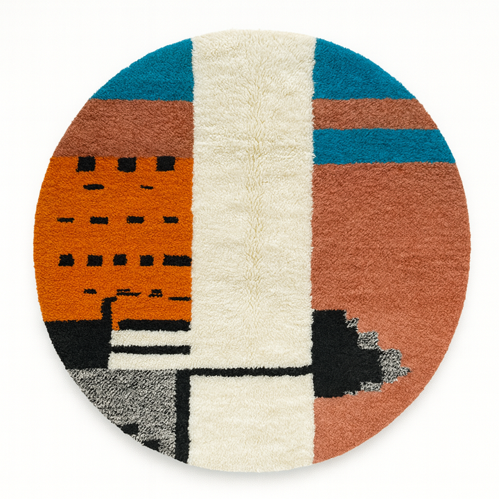 Colorful round Moroccan rug with geometric abstract pattern