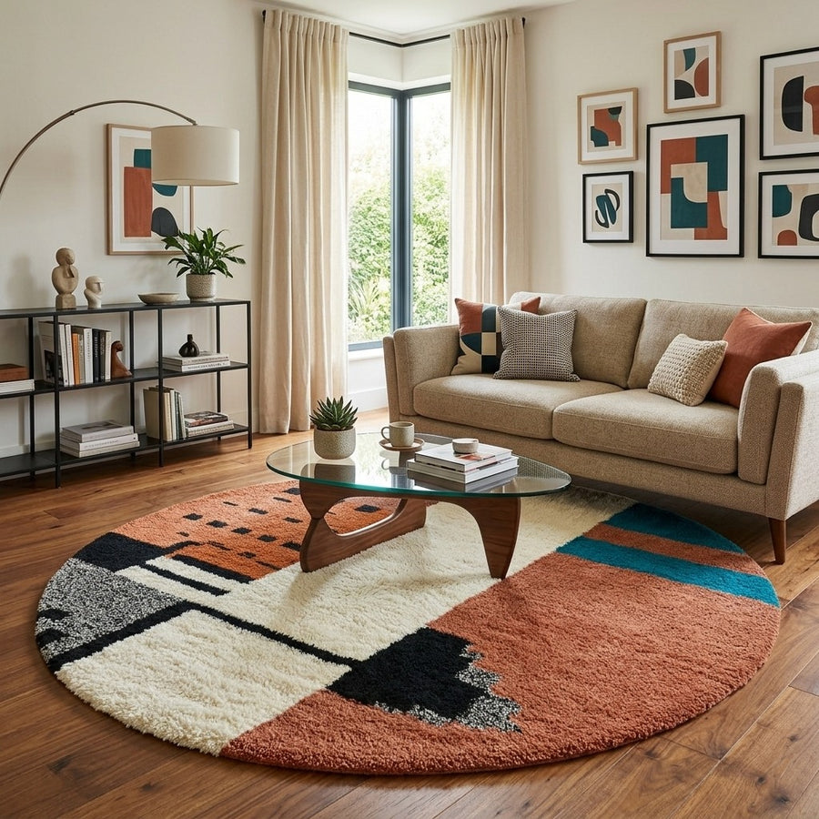 Colorful round Moroccan rug with geometric abstract pattern