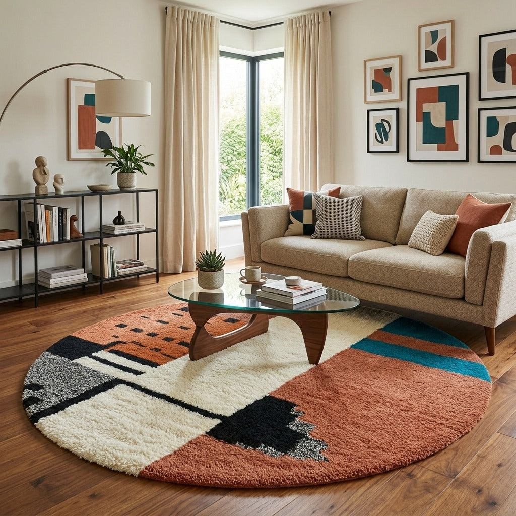 Colorful round Moroccan rug with geometric abstract pattern