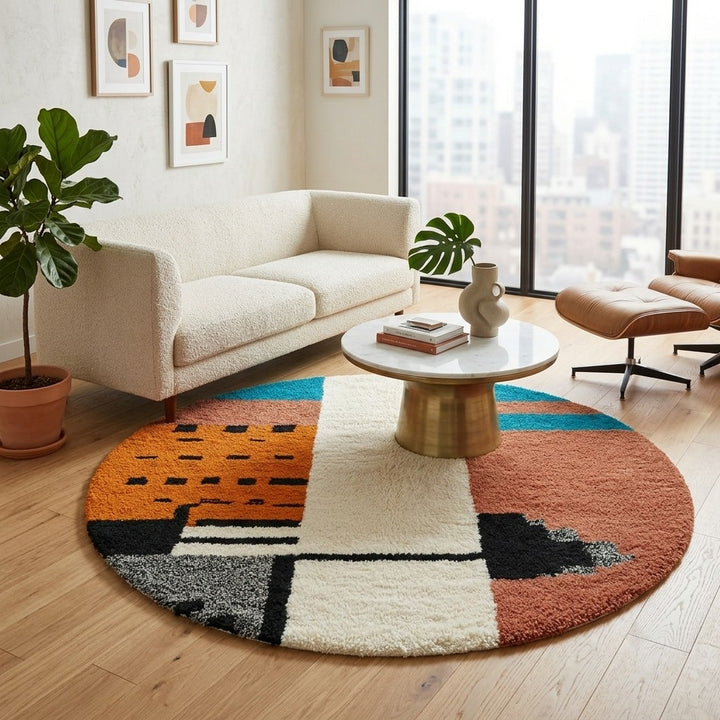 Colorful round Moroccan rug with geometric abstract pattern