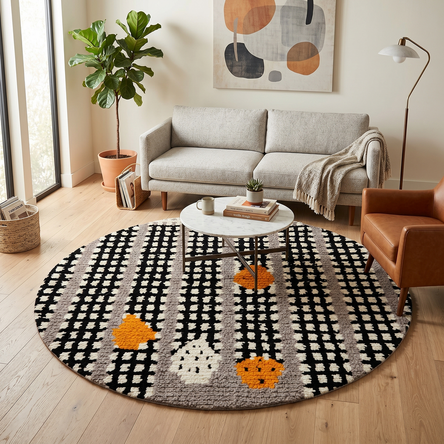 Round black and white Moroccan wool rug with abstract orange Berber motifs and textured grid pattern on white background