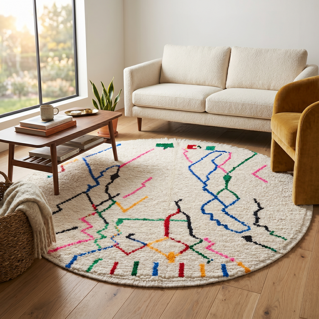 Handmade round Moroccan wool rug featuring an ivory background with colorful abstract Berber geometric patterns and a soft plush texture.