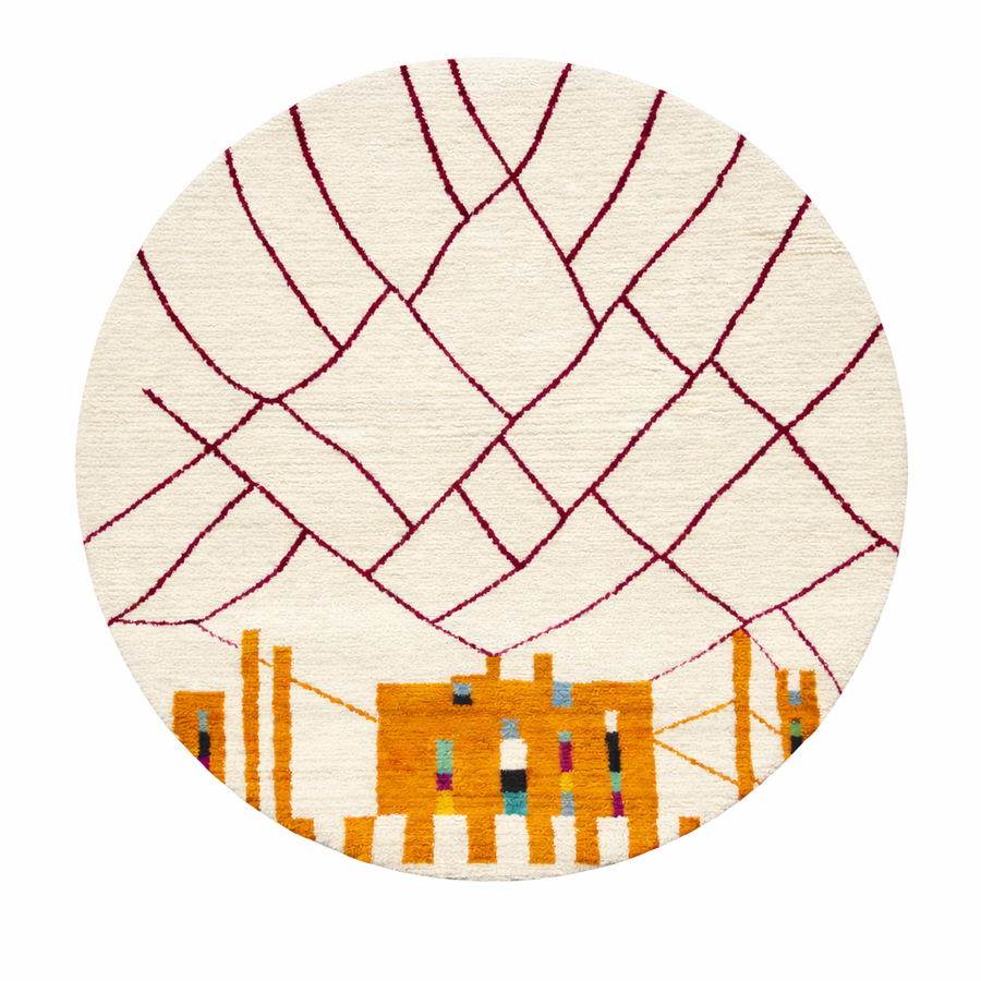 Round Moroccan wool rug with abstract Berber design, handwoven in natural wool