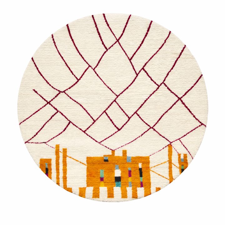 Round Moroccan wool rug with abstract Berber design, handwoven in natural wool