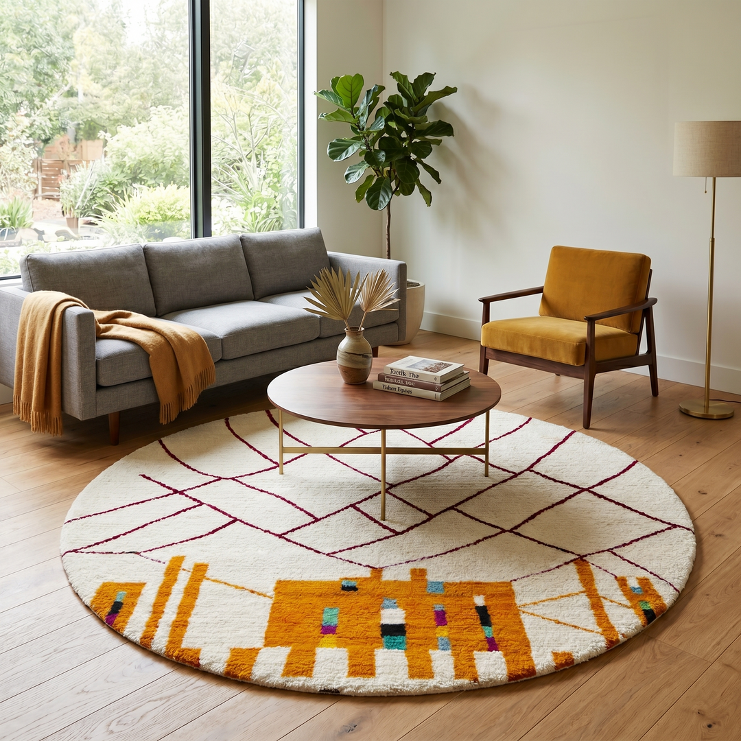 Round Moroccan wool rug with abstract Berber design, handwoven in natural wool