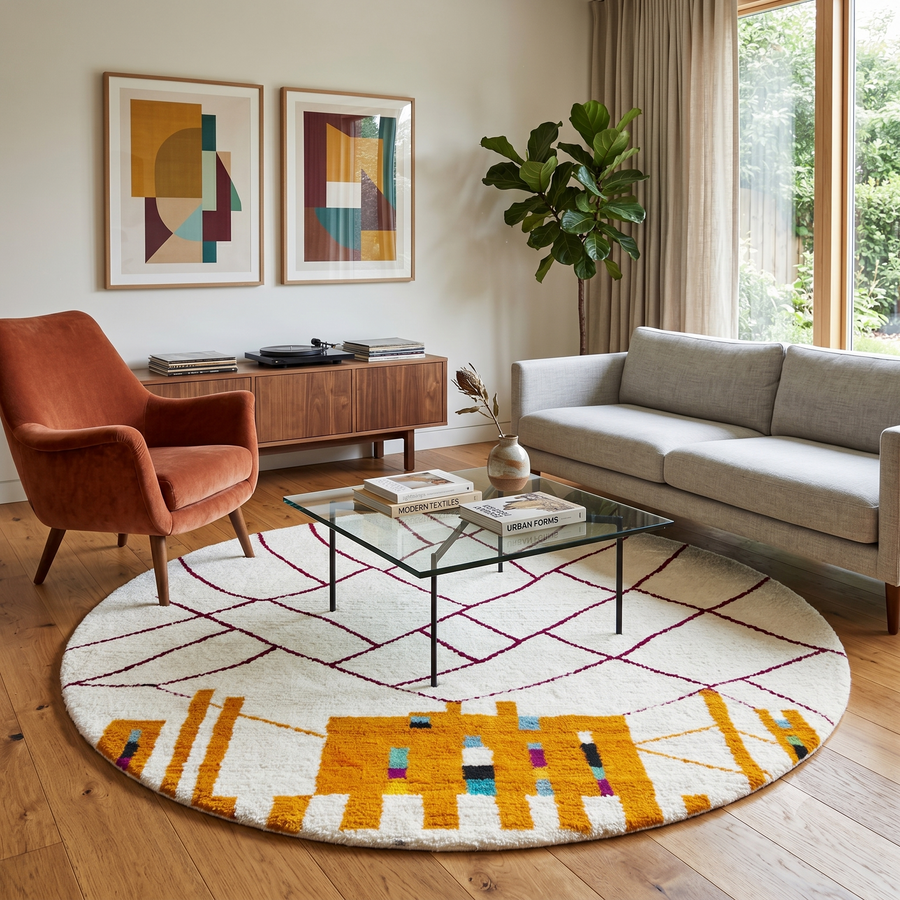 Round Moroccan wool rug with abstract Berber design, handwoven in natural wool