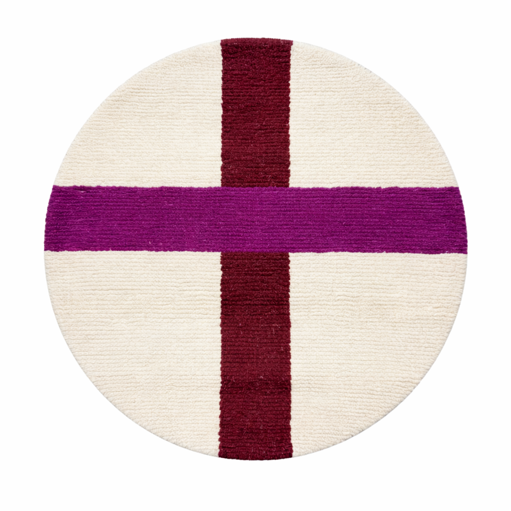 Round cream white Moroccan wool rug with burgundy and purple cross pattern