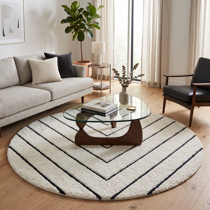 Round handmade Moroccan wool rug with modern carved line pattern, minimalist geometric design.